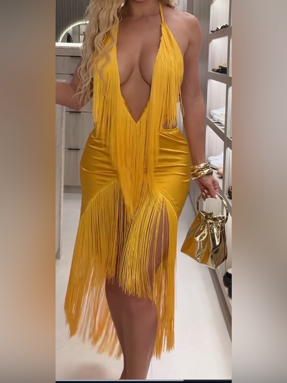 Yellow Fringe Halter Plunge Dress